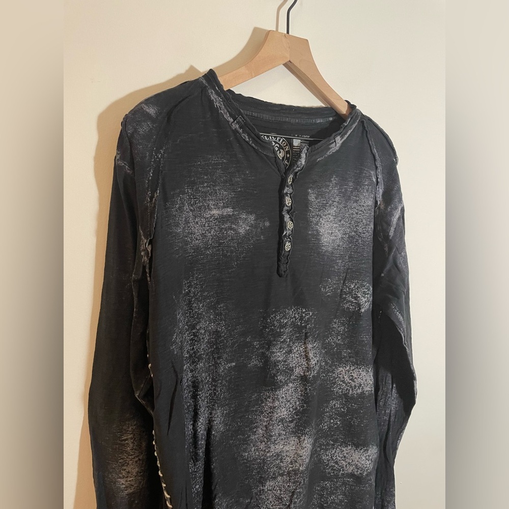 VTG Affliction Live Fast Long-Sleeve Henley Shirt Distressed Black Lava Size XL - Picture 2 of 9